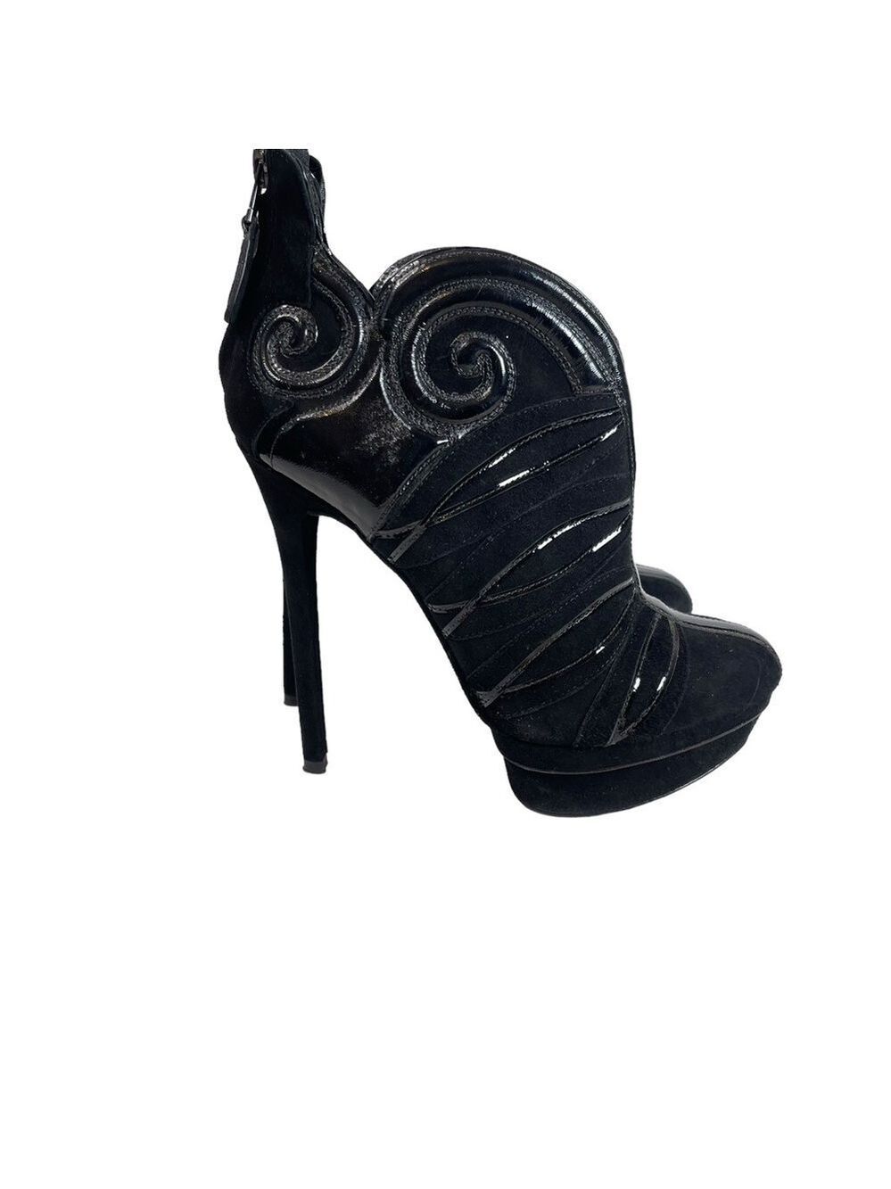 Brian Atwood Black Figara Whimsical Stiletto Boots Size 7.5 Suede Patent Leather
